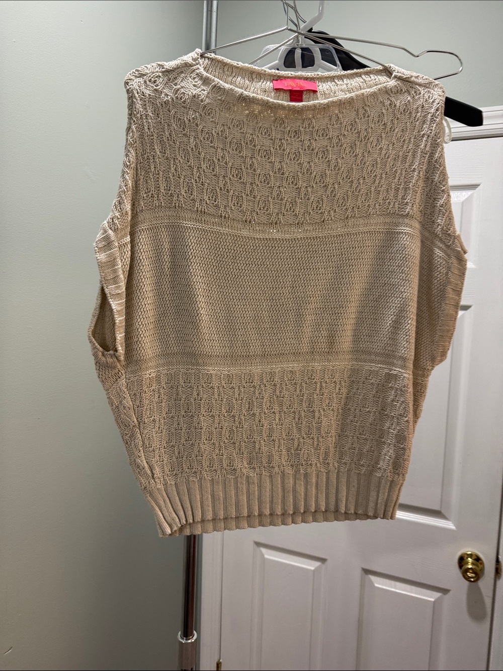 Off-the-Shoulder Cream Knit Sweater - Textured Panel Design